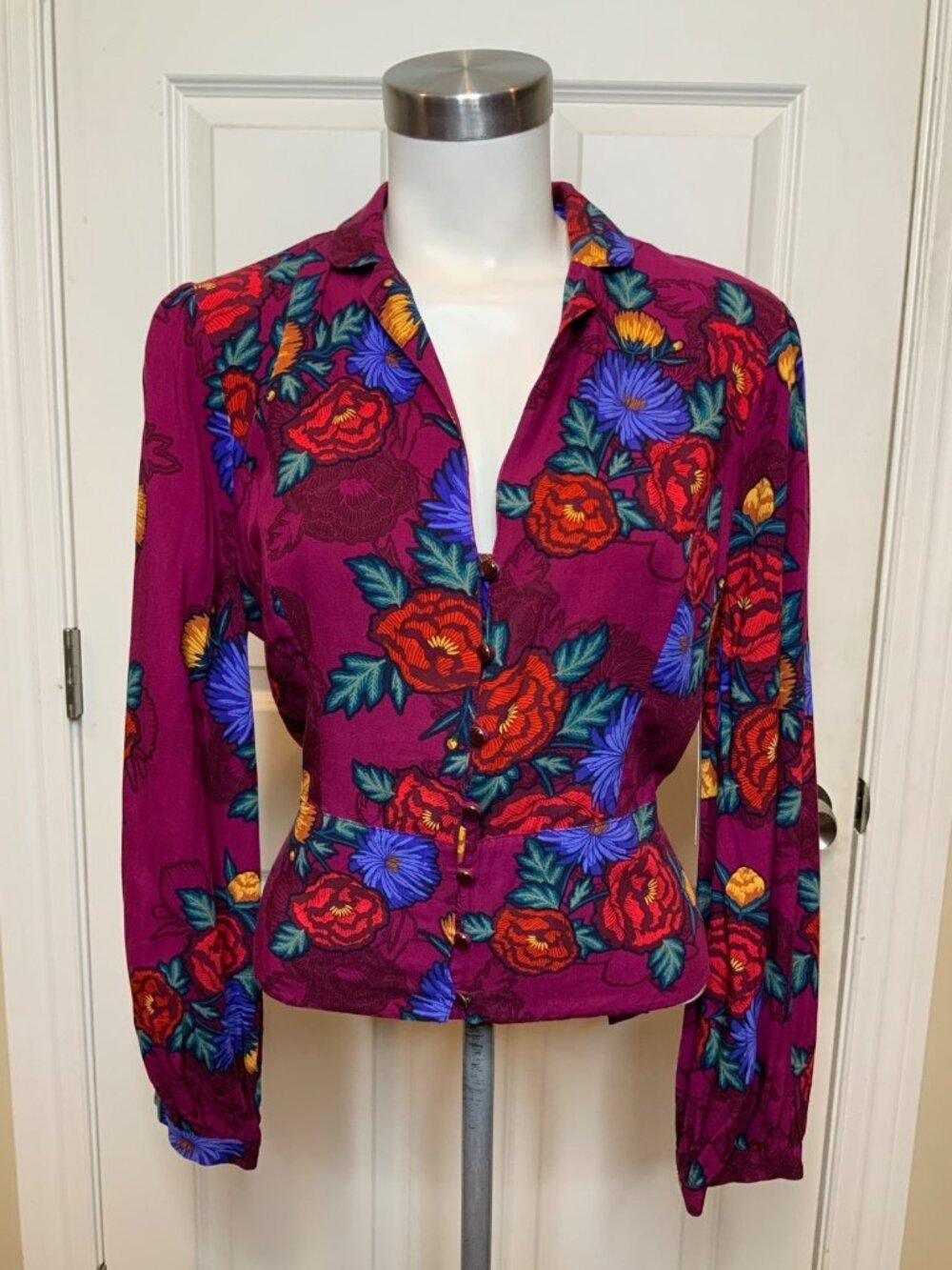 Moulinette Soeurs Anthropologie Maisie Purple Floral Button Belted Blouse, Sz 12